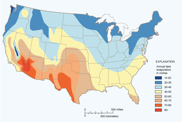 mean annual lake evaporation in the United States